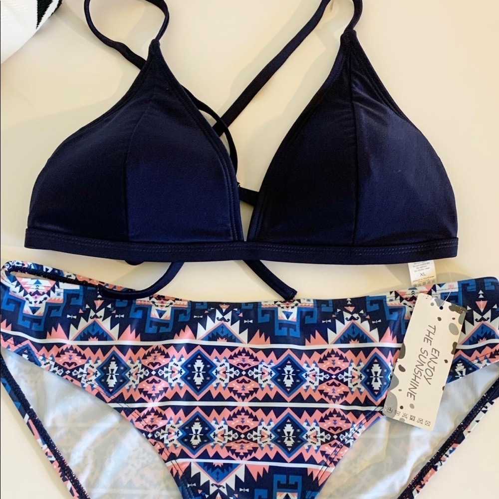 Enjoy the Sunshine Aztec Print Bikini Set Navy Pink Blue XL NWT Swimwear